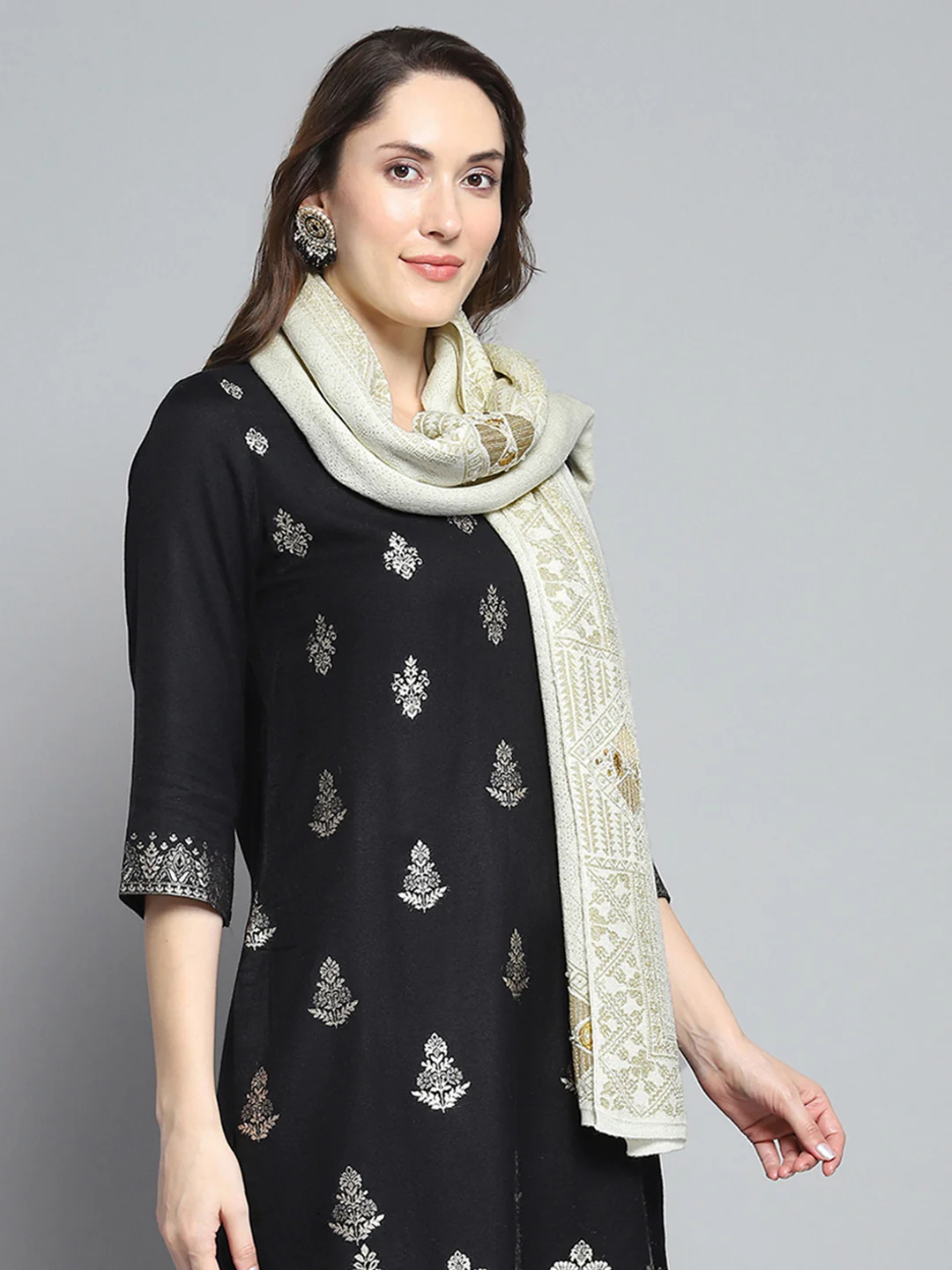 Women Cream Self Design Stole - Image 4