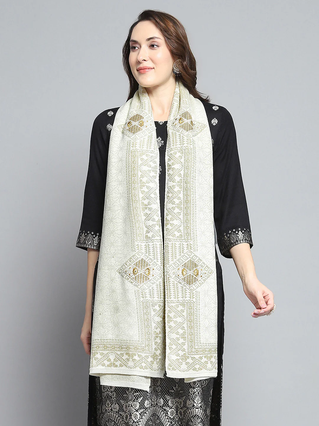 Women Cream Self Design Stole - Image 5
