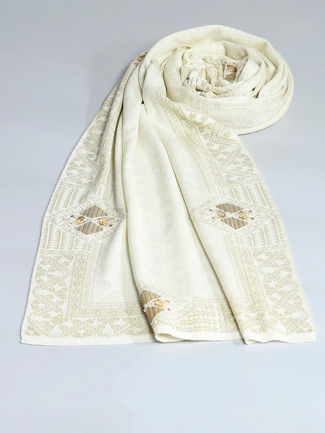 Women Cream Self Design Stole - Image 6