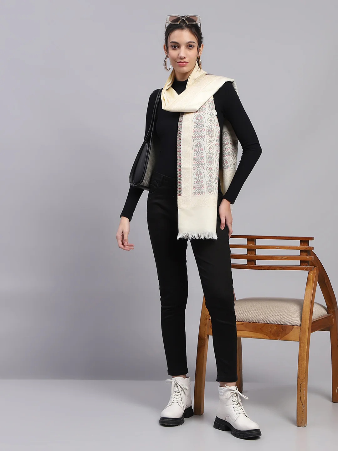 Women Cream Self Design Stole - Image 2