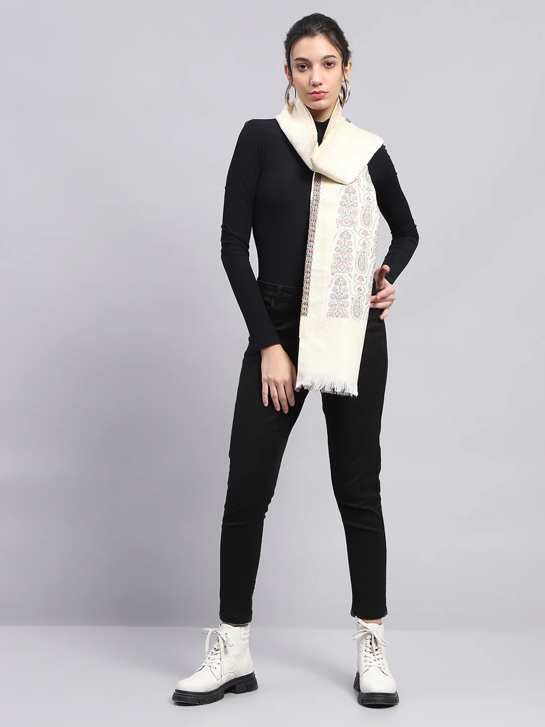 Women Cream Self Design Stole - Image 3