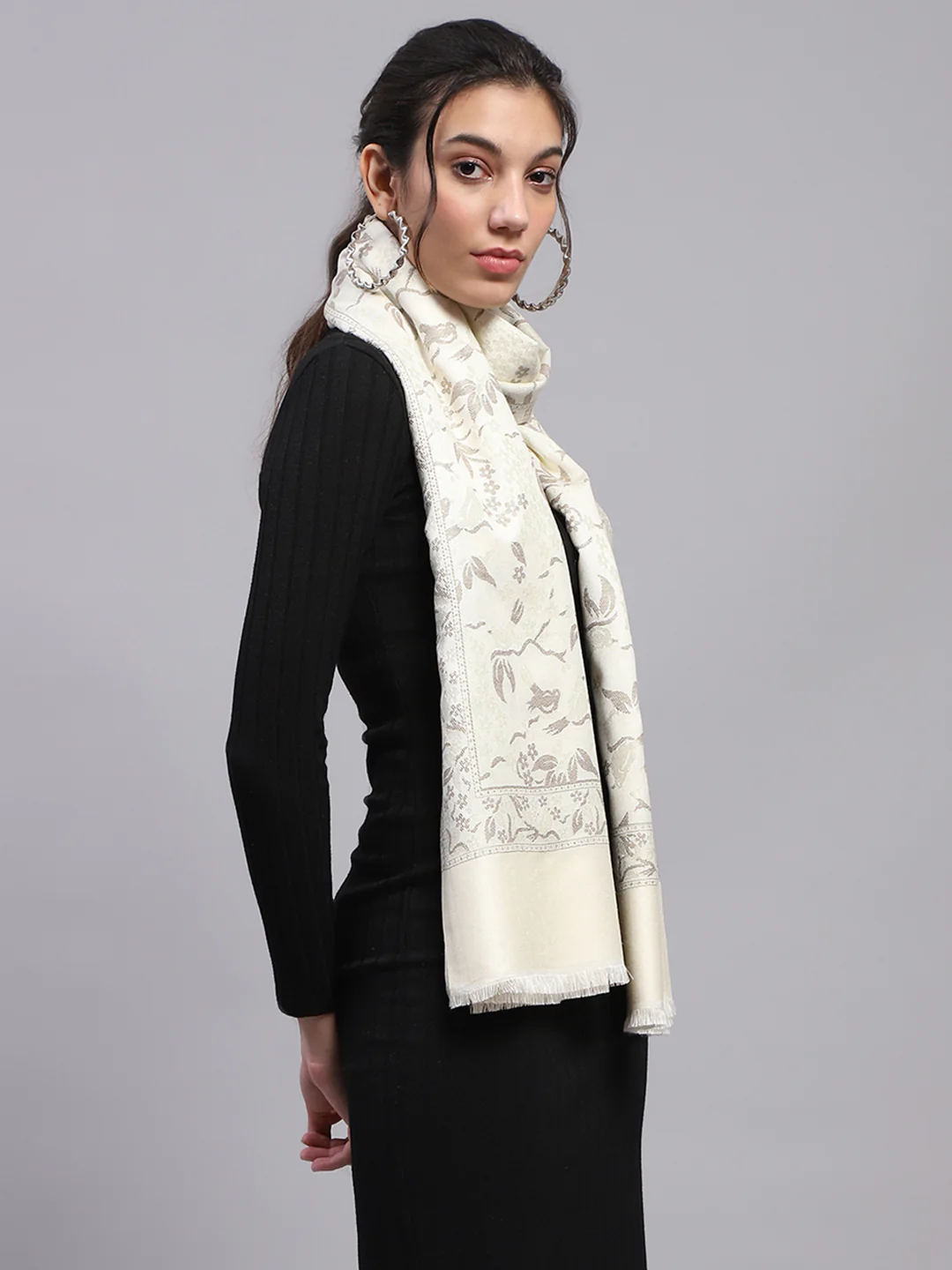 Women Cream Self Design Stole - Image 5