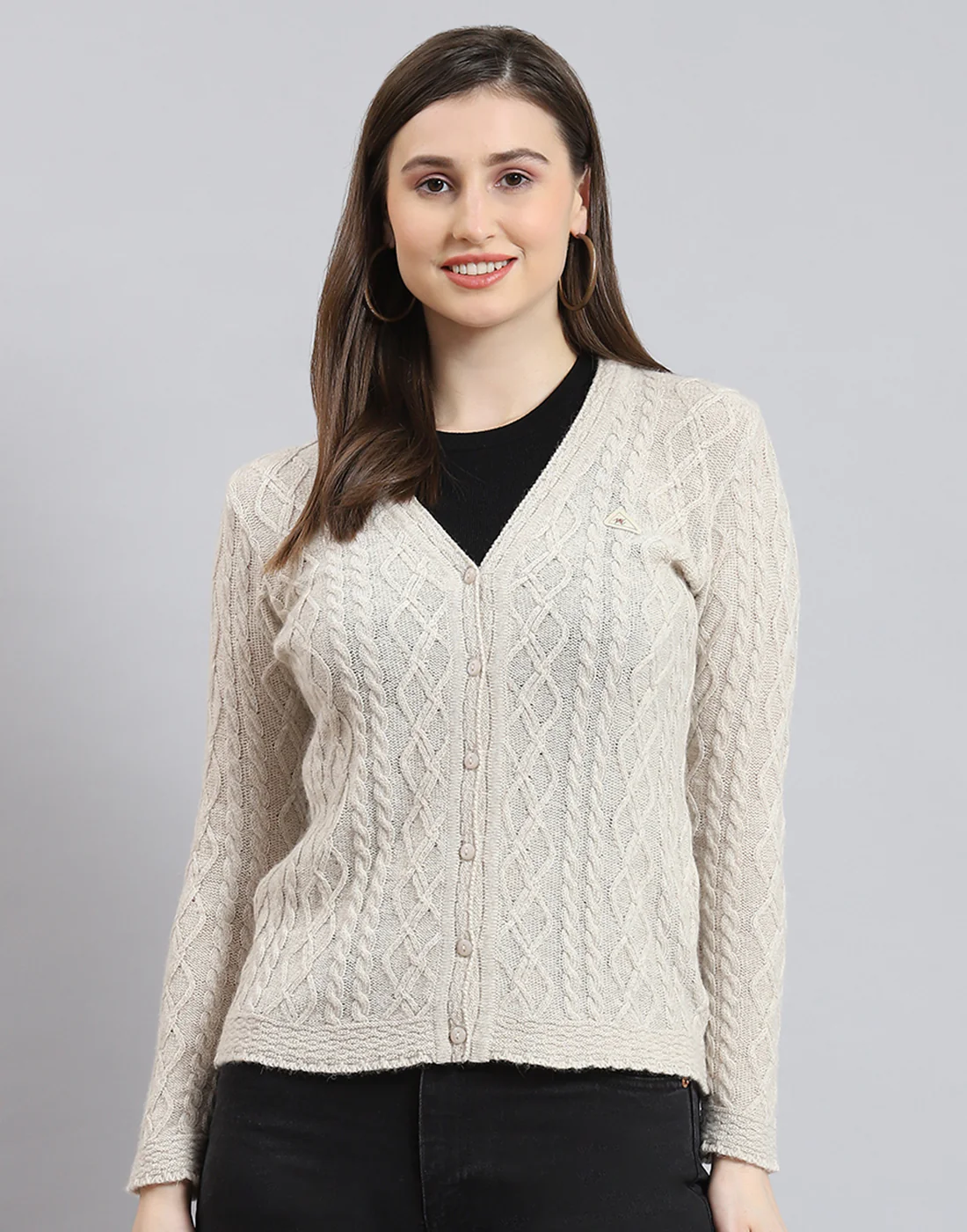 Women Cream Self Design V Neck Full Sleeve Cardigan - Image 3