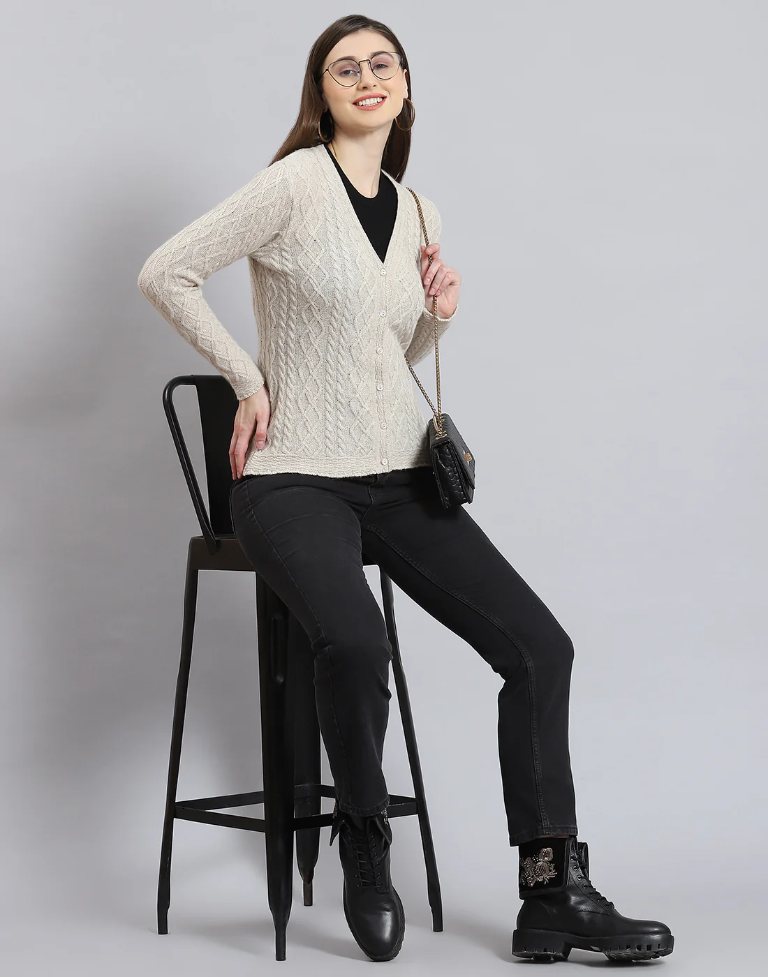 Women Cream Self Design V Neck Full Sleeve Cardigan - Image 7