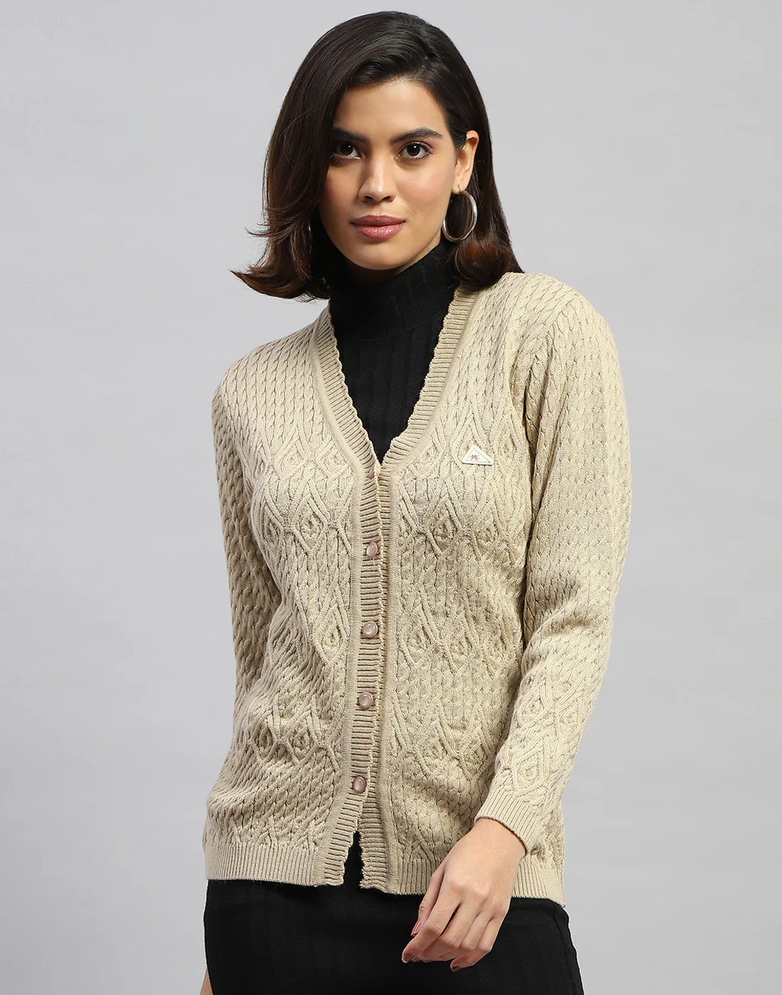 Women Cream Self Design V Neck Full Sleeve Cardigan - Image 2