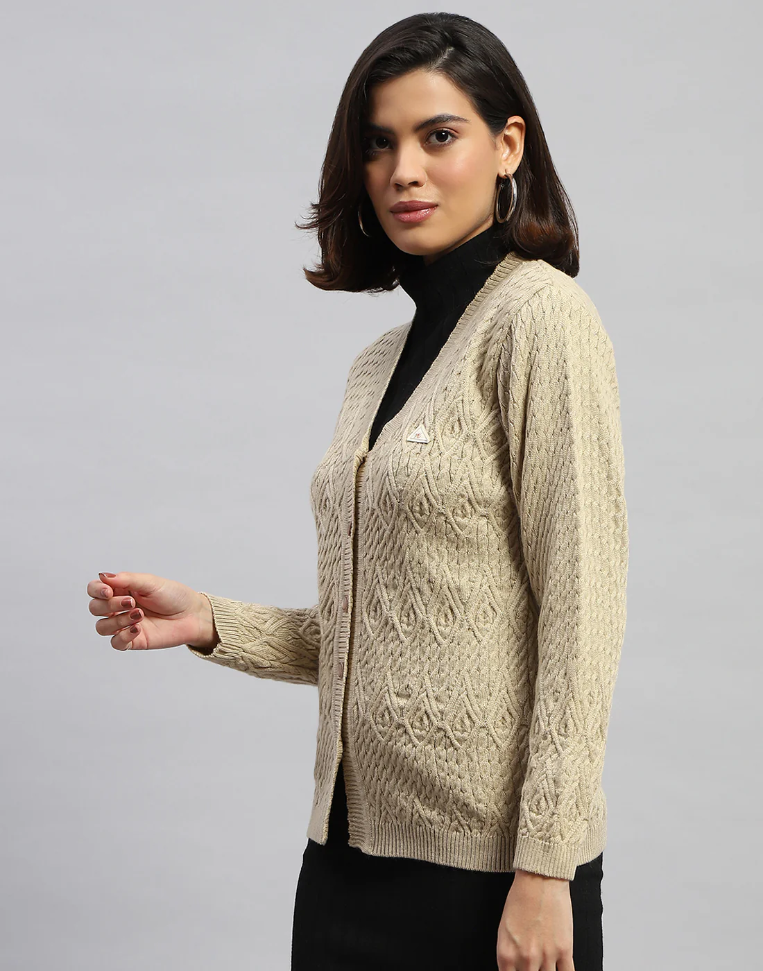 Women Cream Self Design V Neck Full Sleeve Cardigan - Image 3