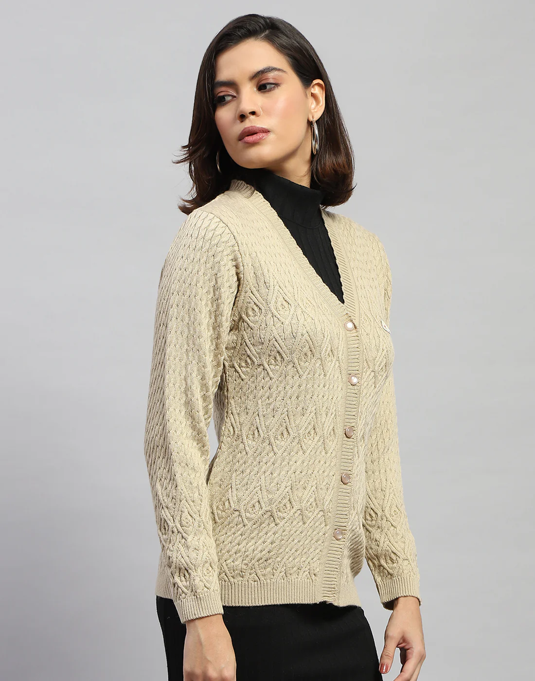 Women Cream Self Design V Neck Full Sleeve Cardigan - Image 4