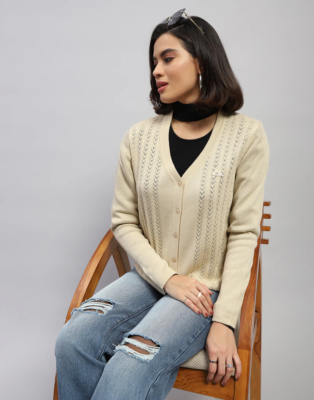 Women Cream Self Design V Neck Full Sleeve Cardigan - Image 2