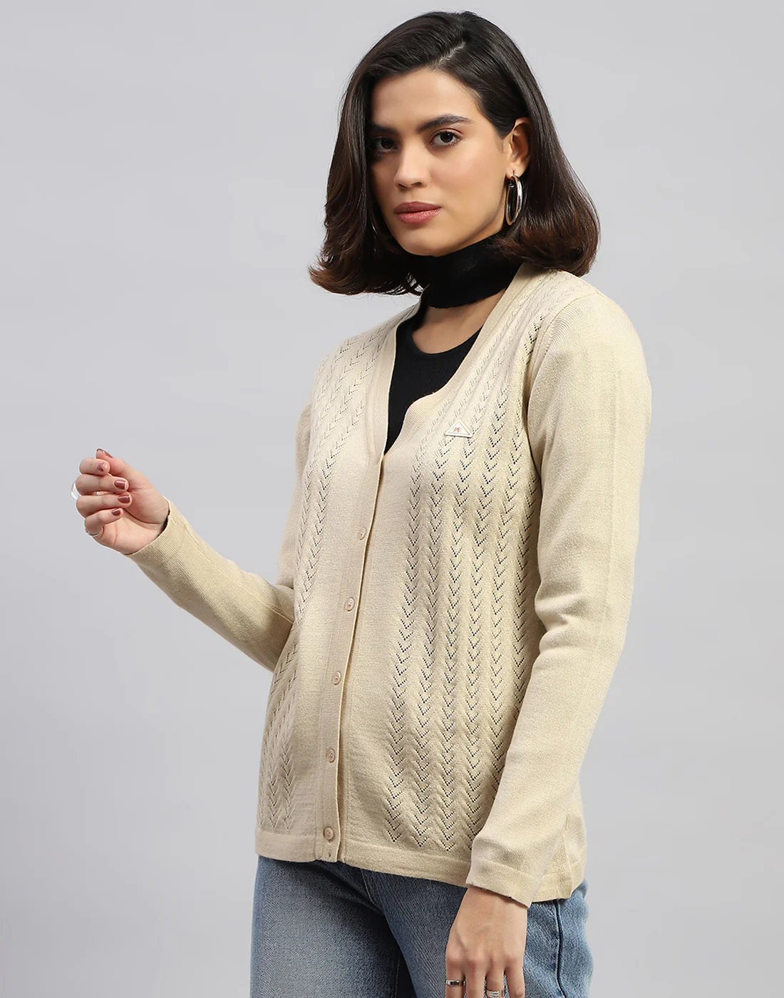 Women Cream Self Design V Neck Full Sleeve Cardigan - Image 4