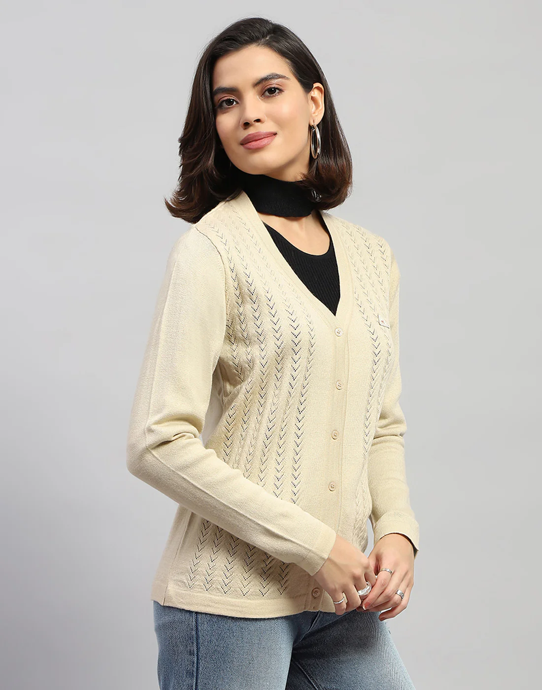 Women Cream Self Design V Neck Full Sleeve Cardigan - Image 5