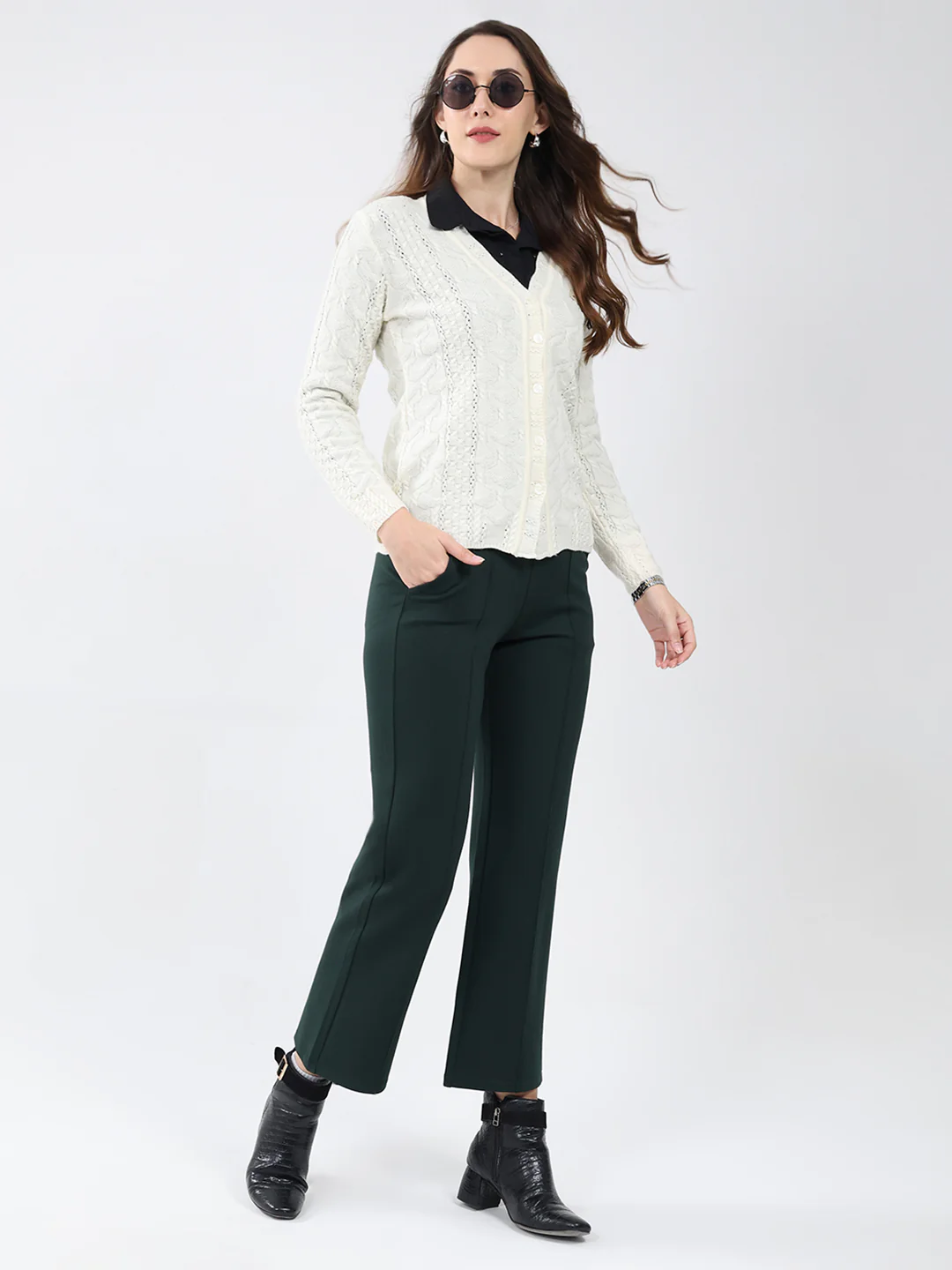 Women Cream Self Design V Neck Full Sleeve Cardigan - Image 2