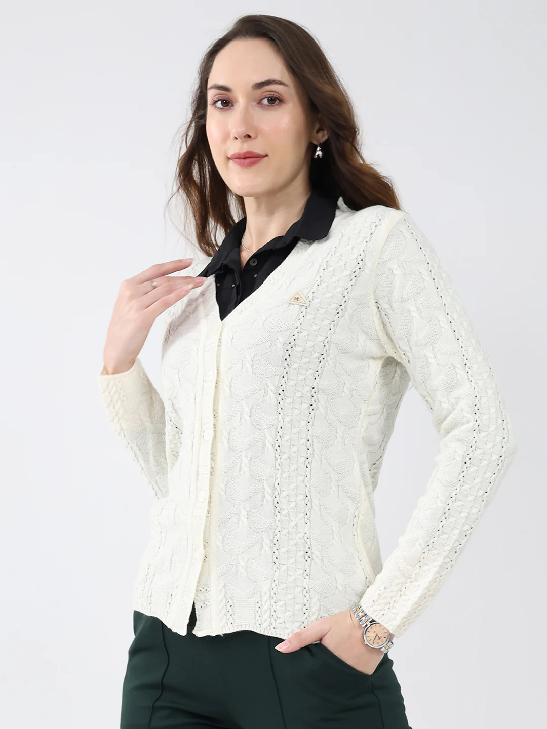 Women Cream Self Design V Neck Full Sleeve Cardigan - Image 3