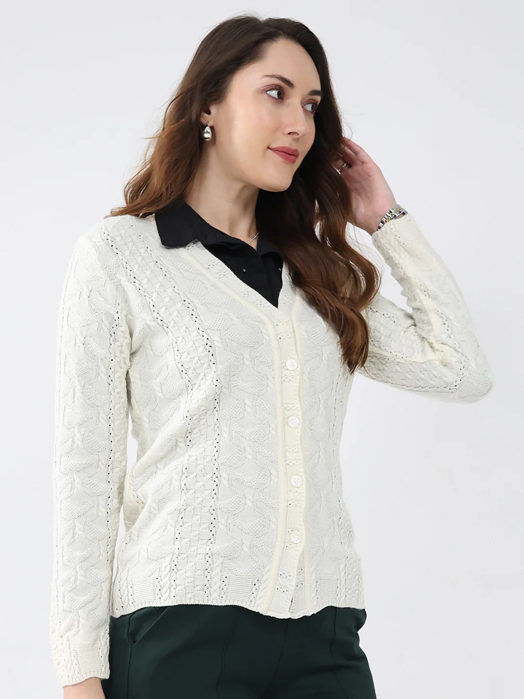 Women Cream Self Design V Neck Full Sleeve Cardigan - Image 4