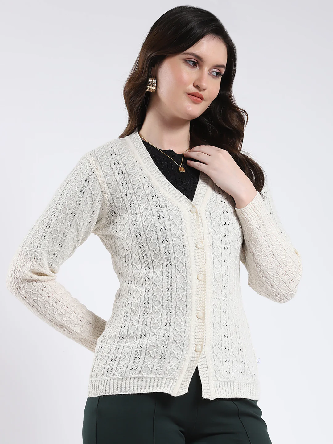 Women Cream Self Design V Neck Full Sleeve Cardigan - Image 4