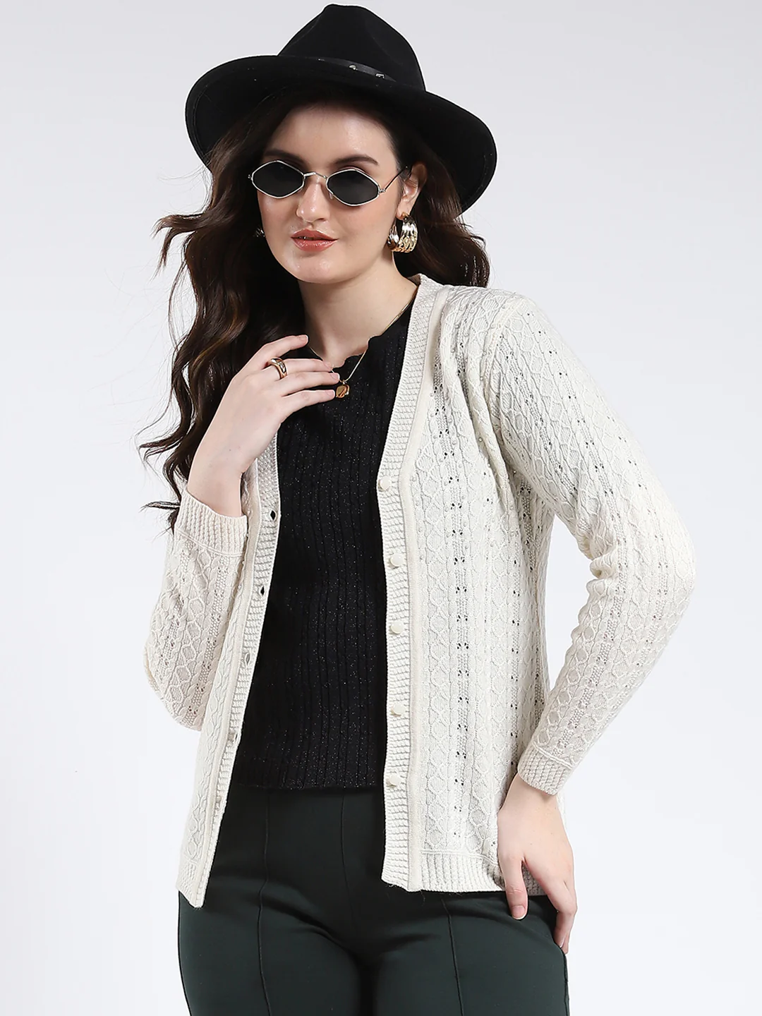 Women Cream Self Design V Neck Full Sleeve Cardigan - Image 6