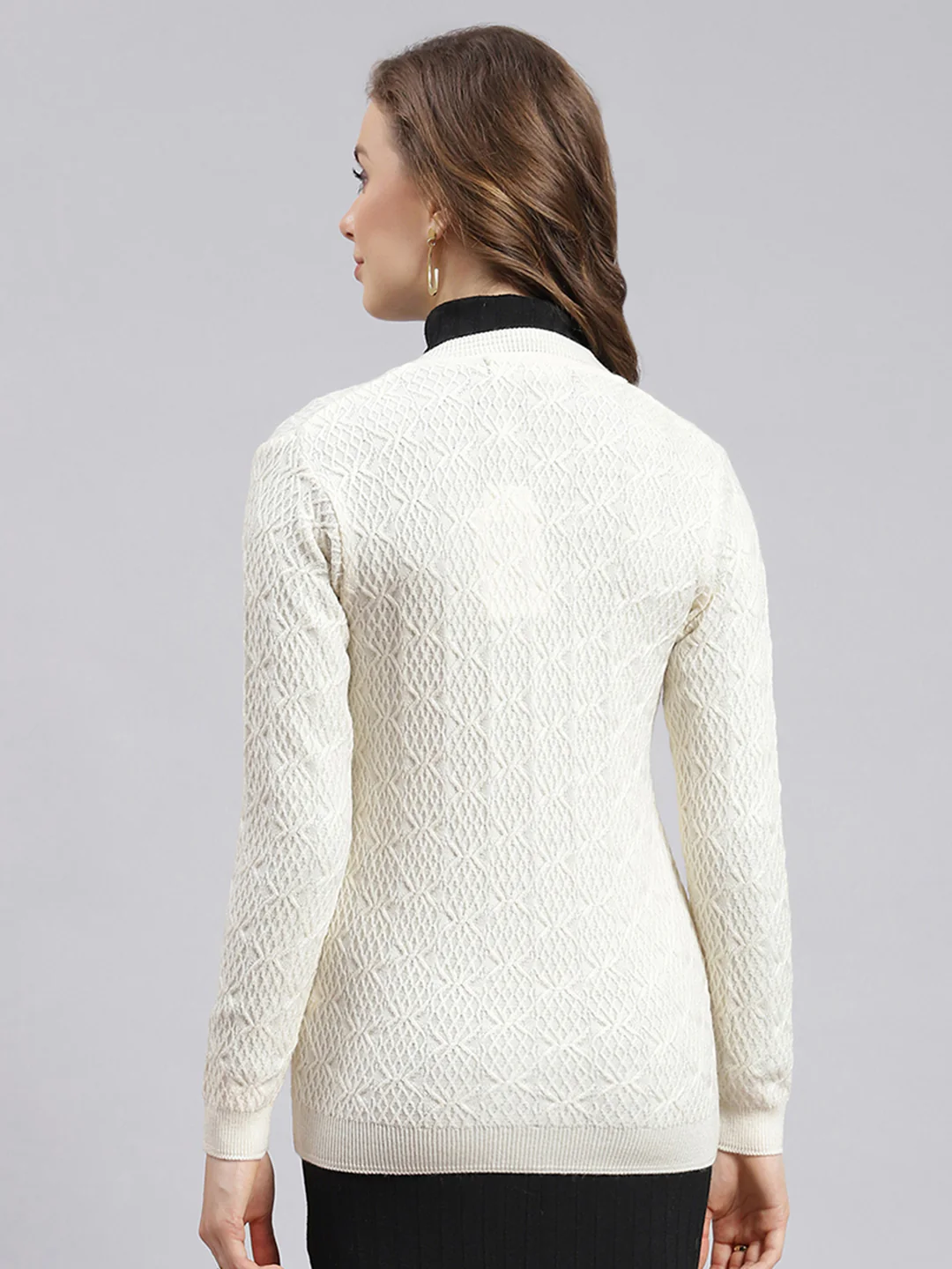 Women Cream Self Design Wool blend Cardigan - Image 4