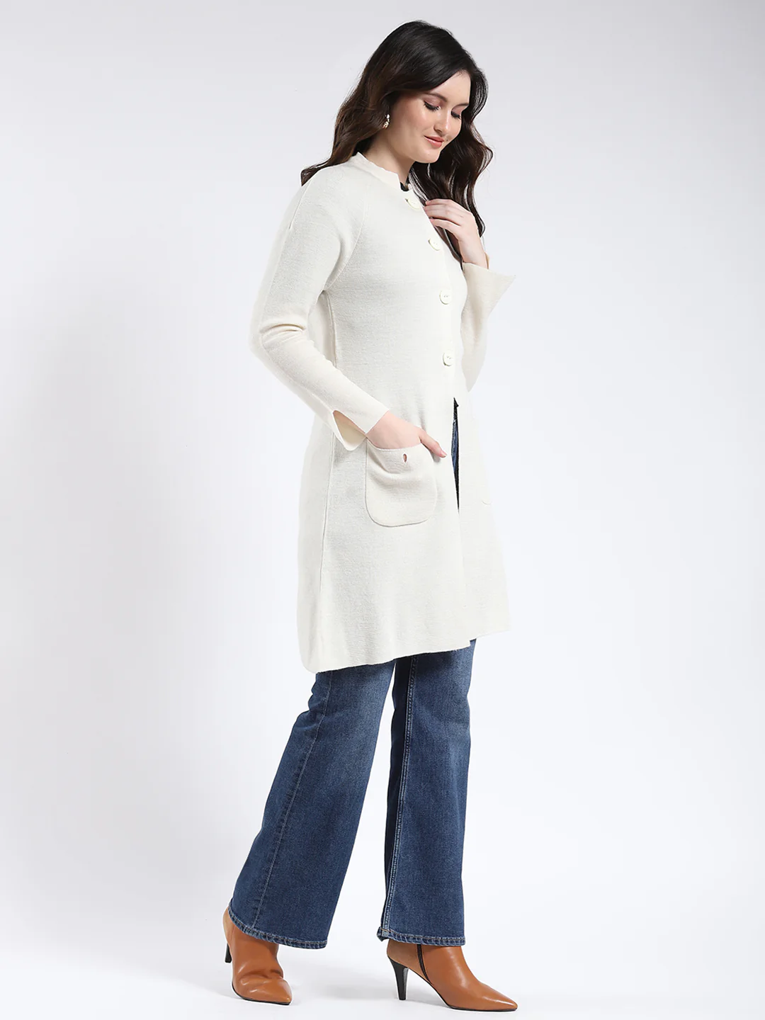 Women Cream Solid Band Neck Full Sleeve Cardigan - Image 4
