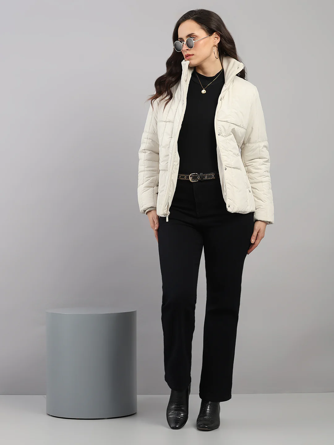 Women Cream Solid High Neck Full Sleeve Jacket - Image 2