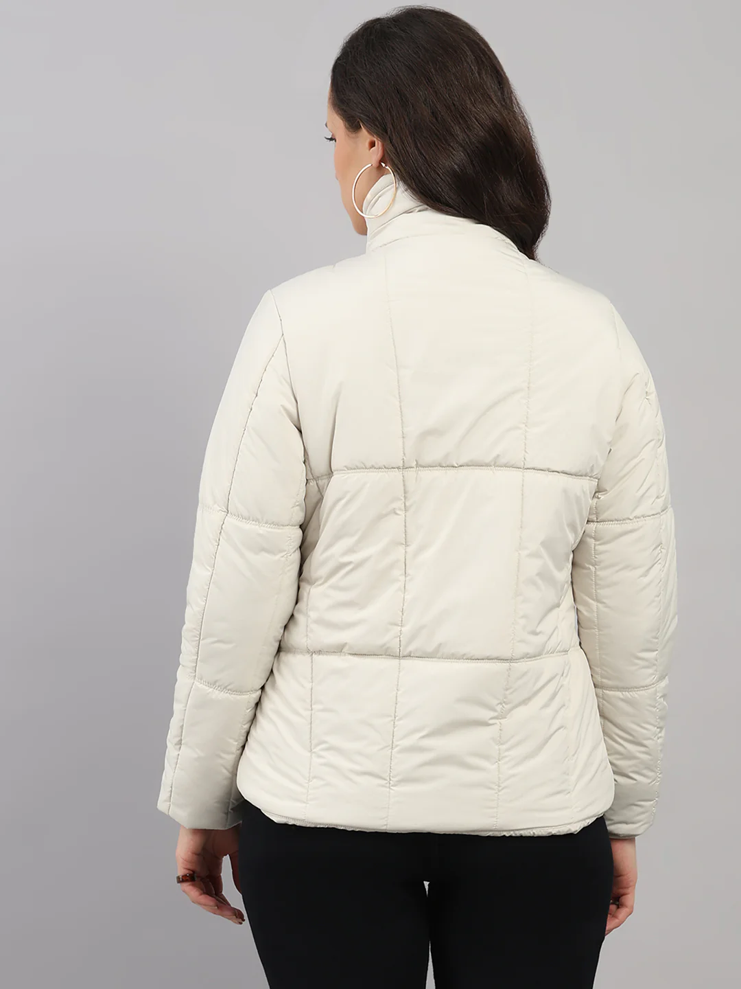 Women Cream Solid High Neck Full Sleeve Jacket - Image 5