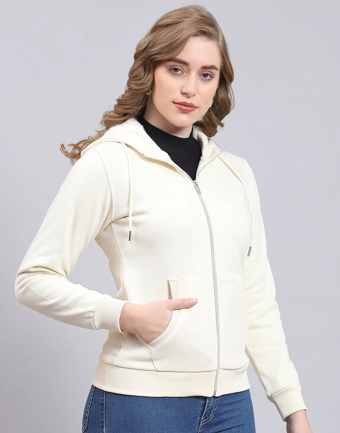 Women Cream Solid Hooded Full Sleeve Sweatshirt - Image 4
