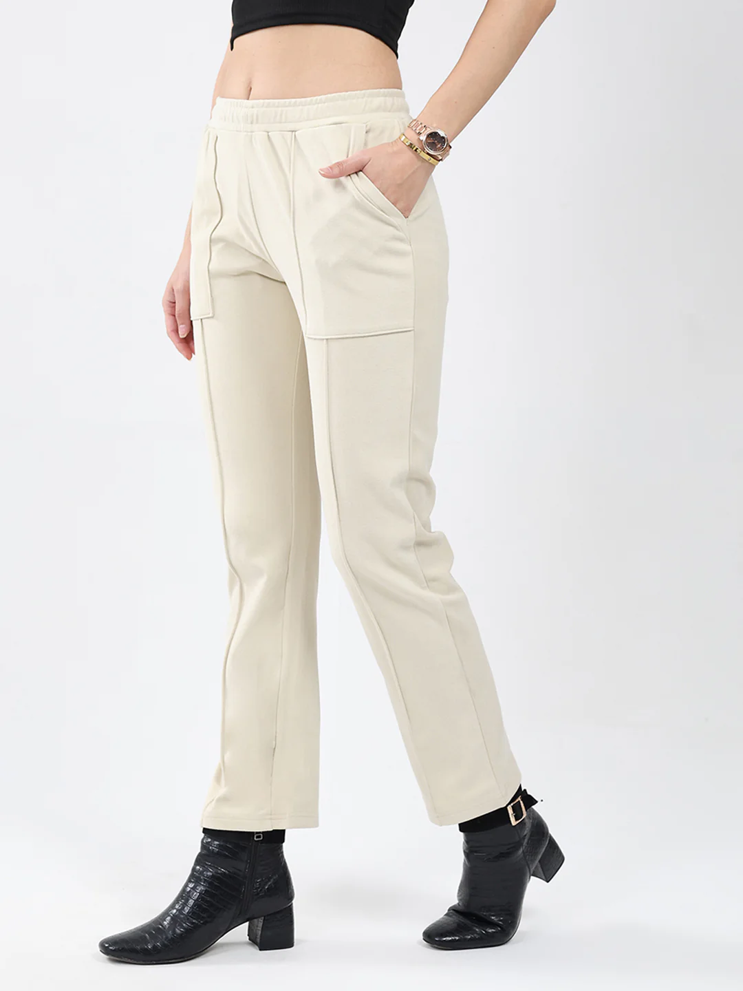 Women Cream Solid Regular Fit Winter Lower - Image 3