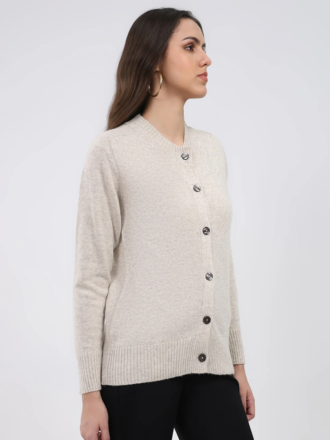 Women Cream Solid Round Neck Full Sleeve Cardigan - Image 4