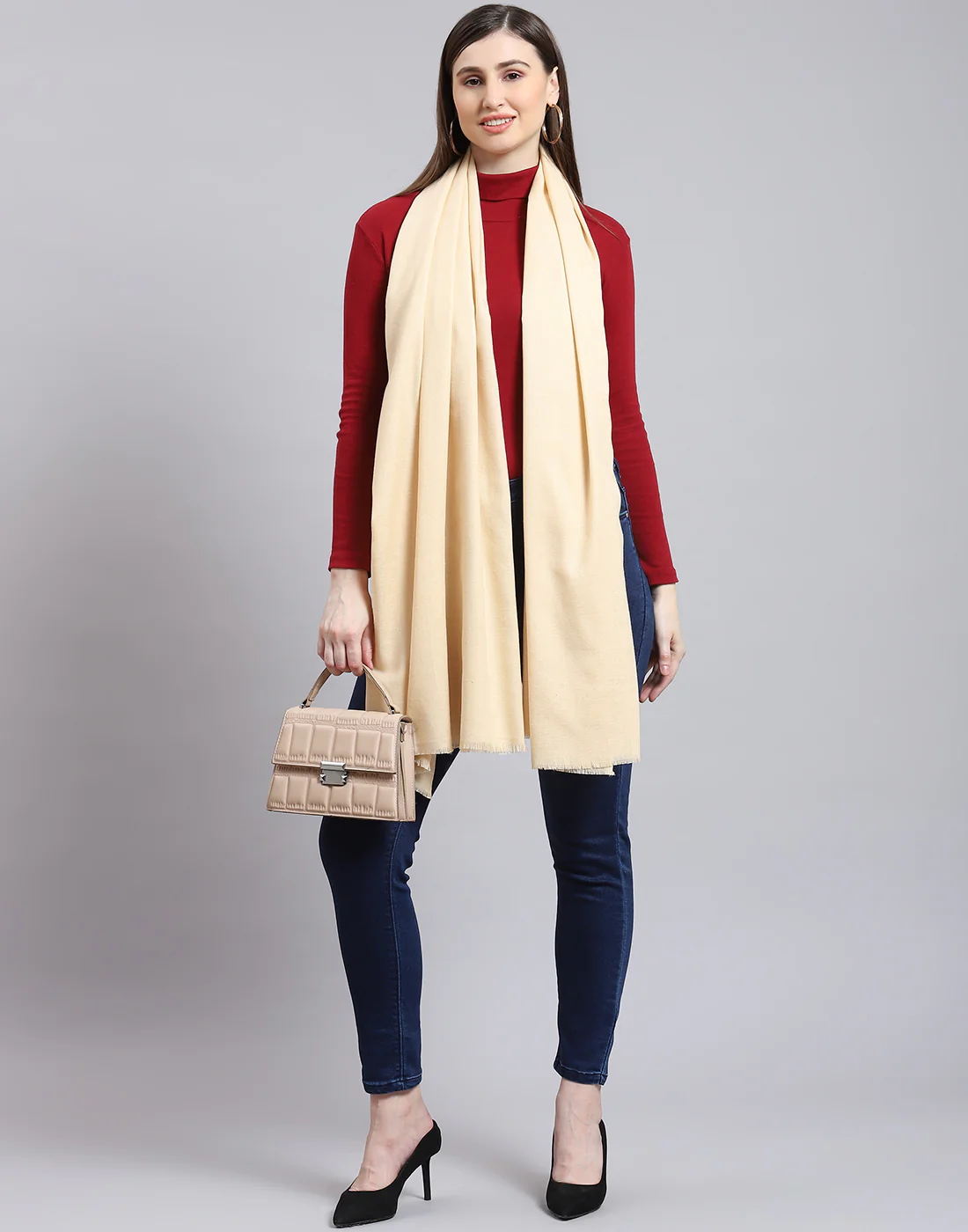 Women Cream Solid Shawl - Image 2