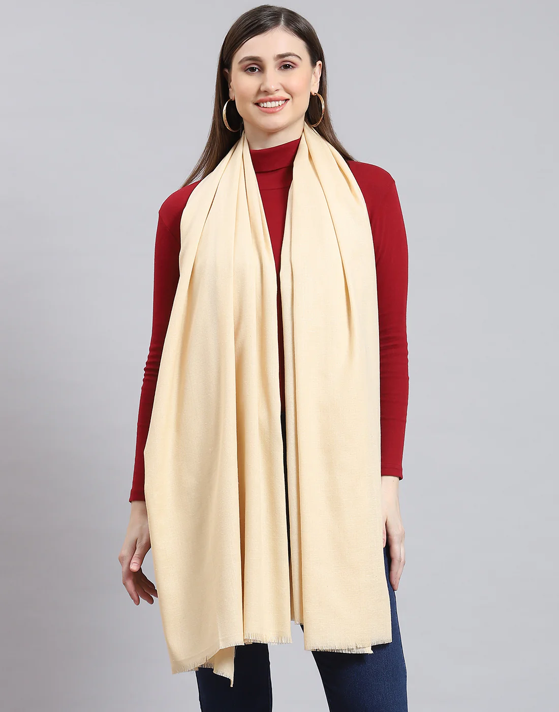 Women Cream Solid Shawl - Image 3