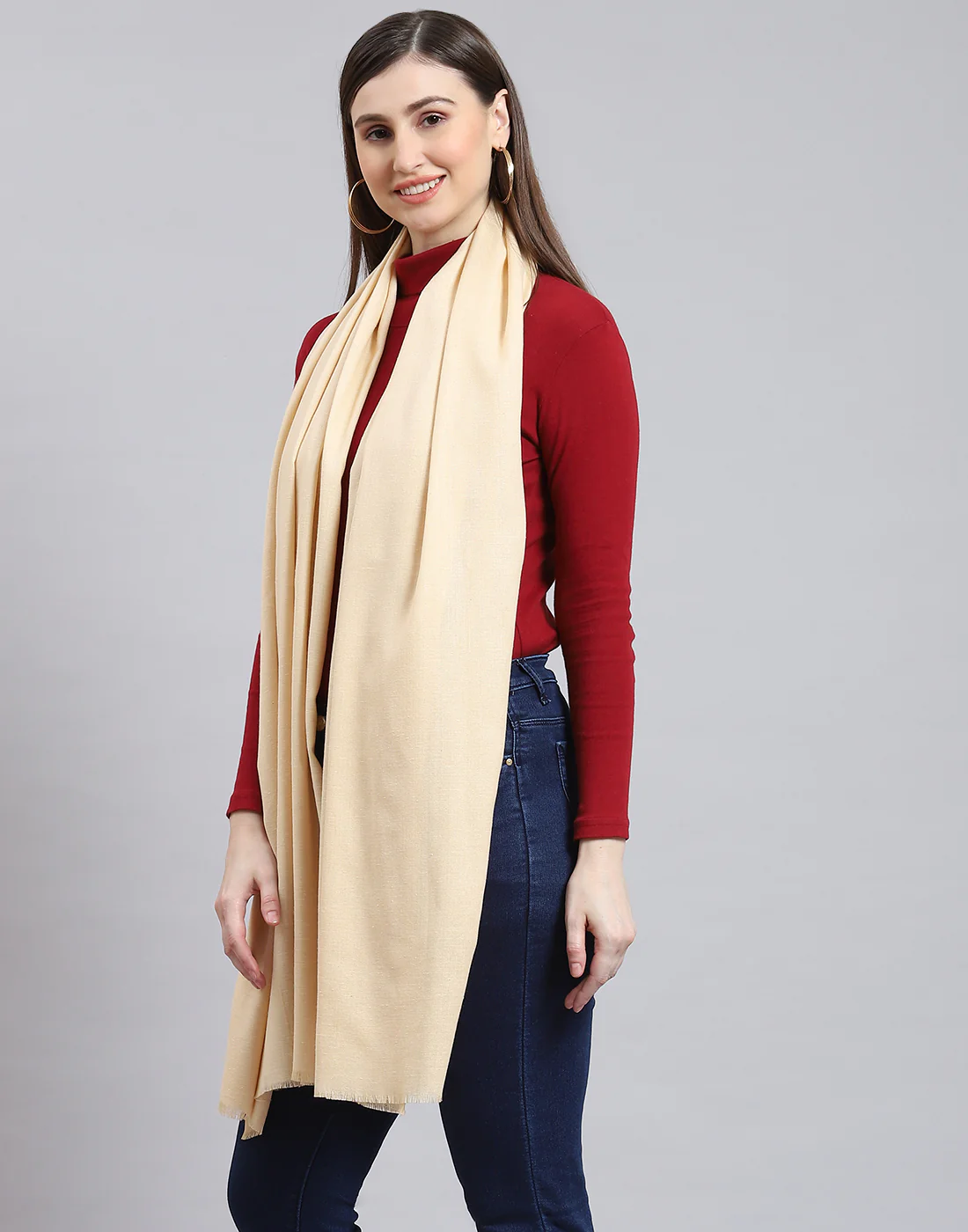 Women Cream Solid Shawl - Image 4
