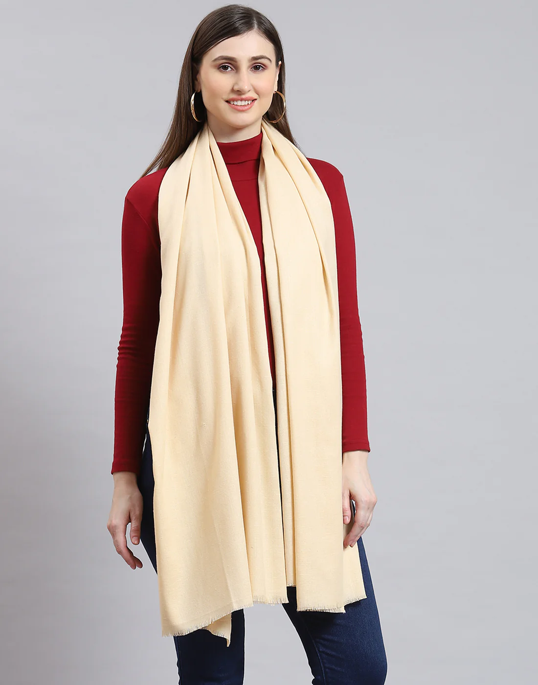 Women Cream Solid Shawl - Image 5