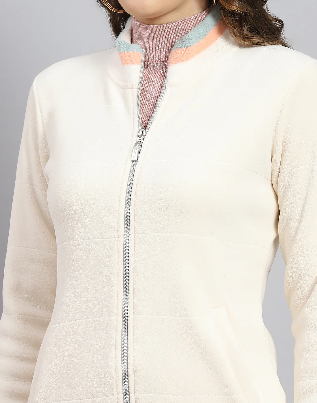 Women Cream Solid Stand Collar Full Sleeve Sweatshirt - Image 7