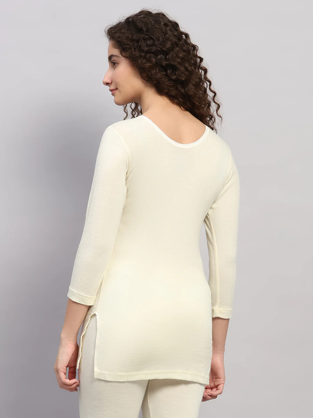 Women Cream Solid Round Neck 3/4th Sleeve Thermal Vest - Image 5