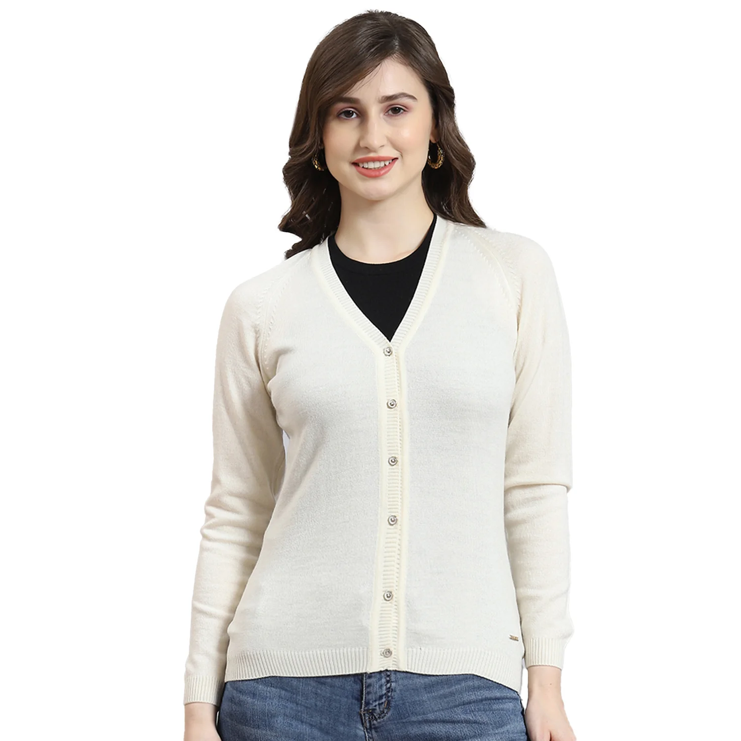 Women Cream Solid V Neck Full Sleeve Cardigan - Image 5