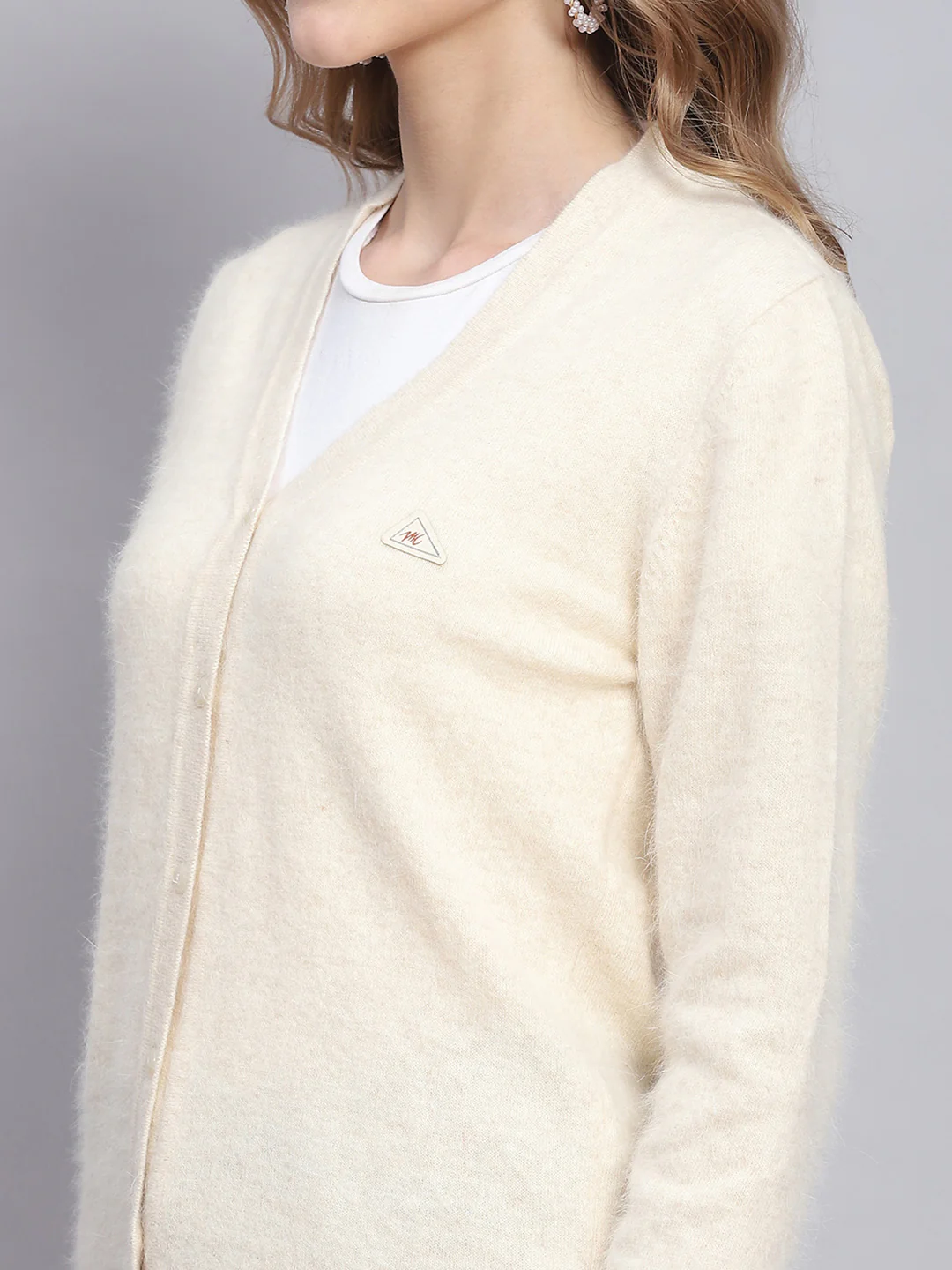 Women Cream Solid V Neck Full Sleeve Cardigans - Image 6