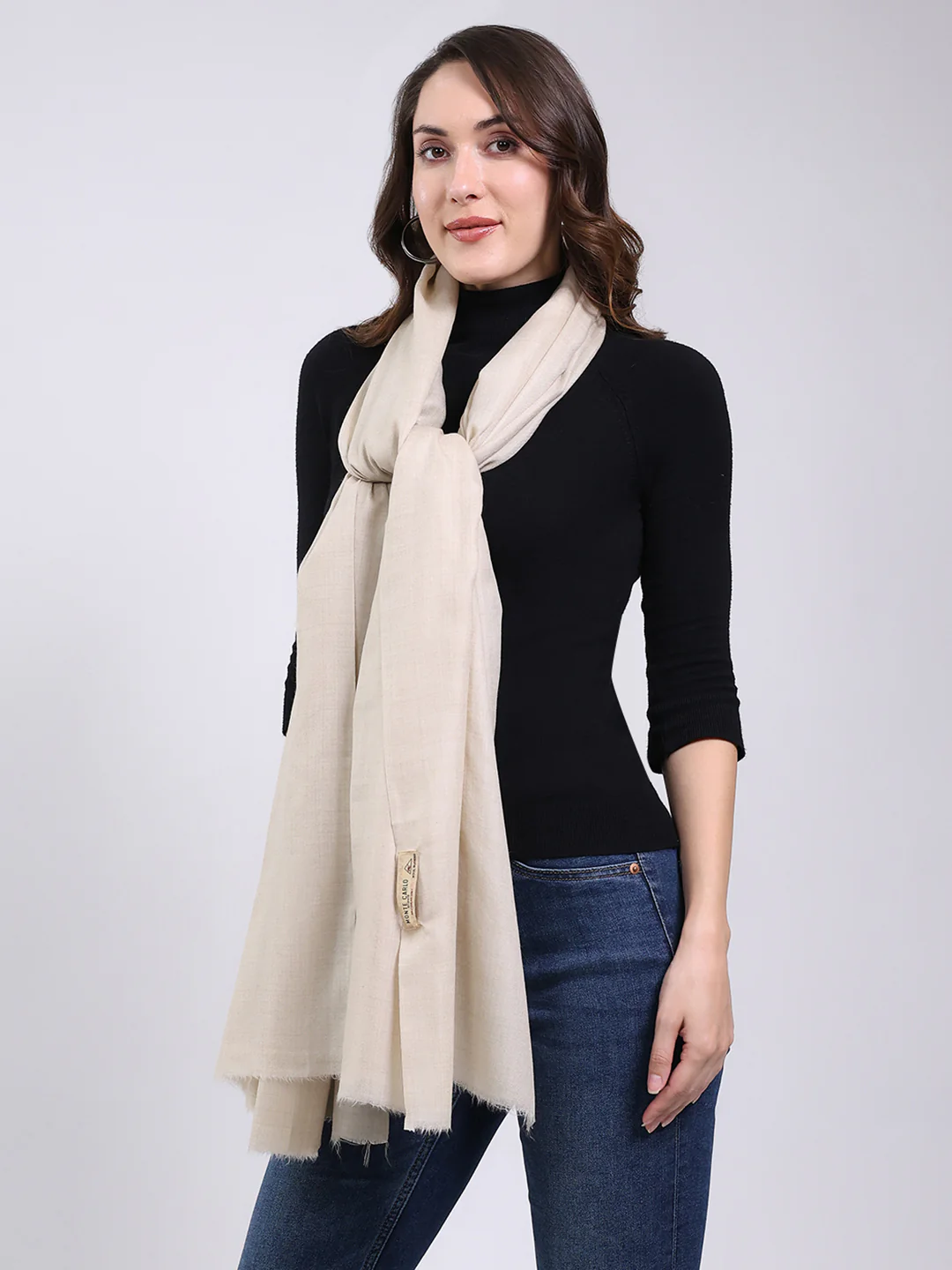 Women Cream Solid Wool Blend Shawl - Image 3
