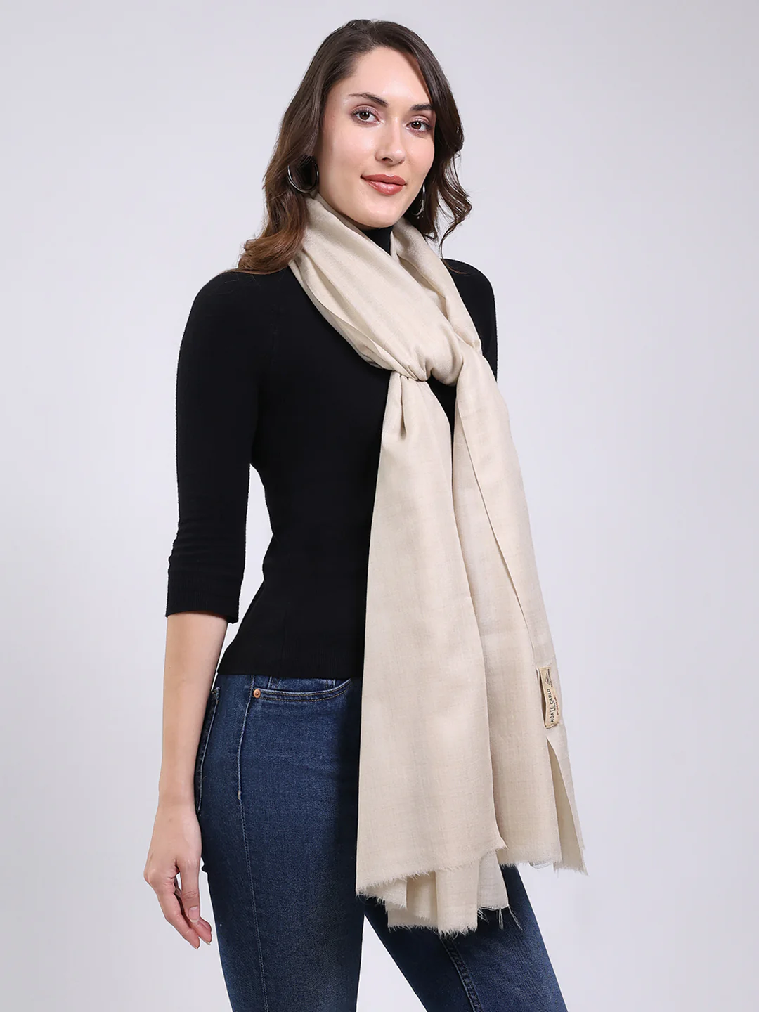 Women Cream Solid Wool Blend Shawl - Image 4
