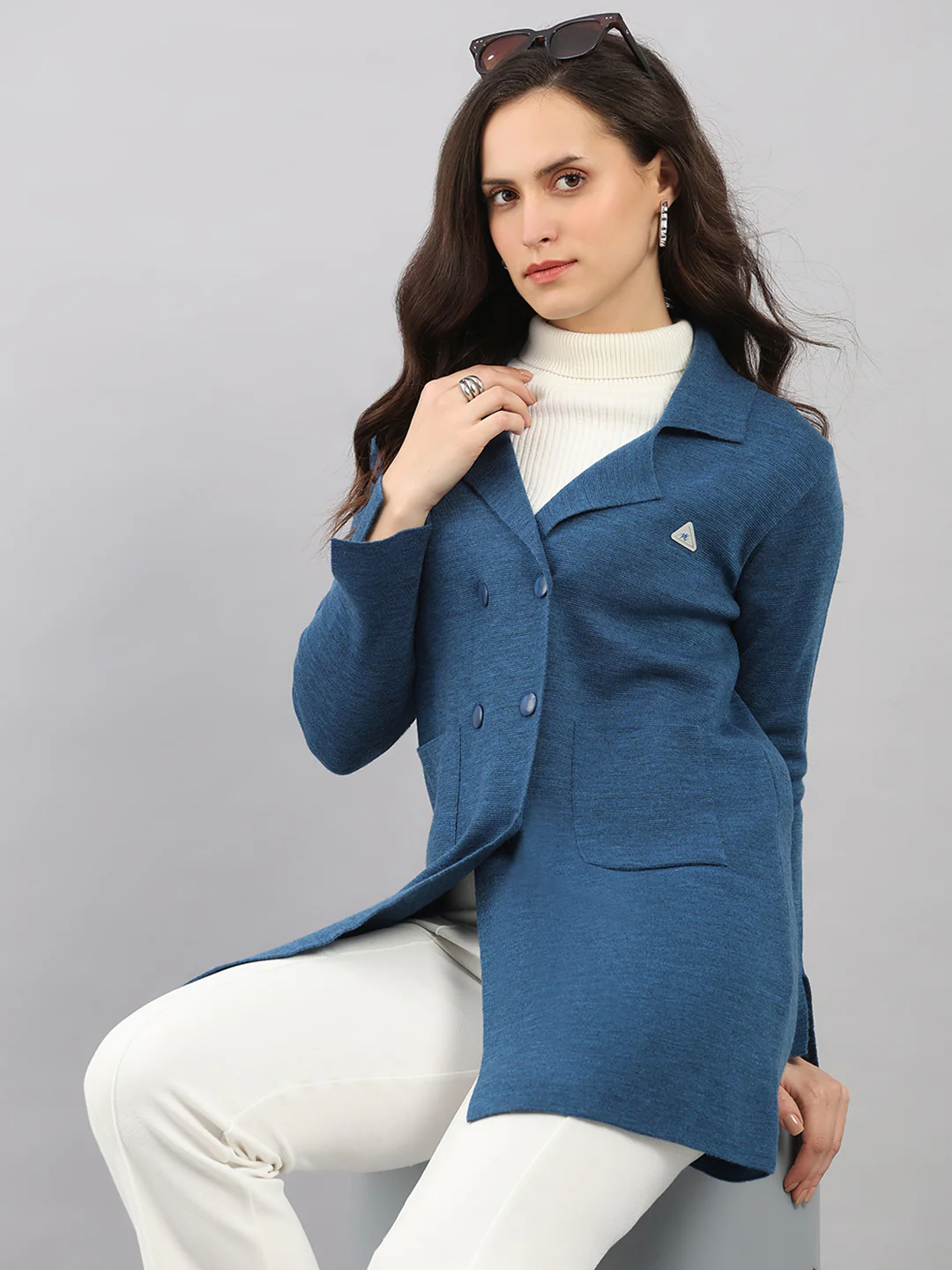Women Dark Blue Self Design Lapel Collar Full Sleeve Knitted Coat - Image 6