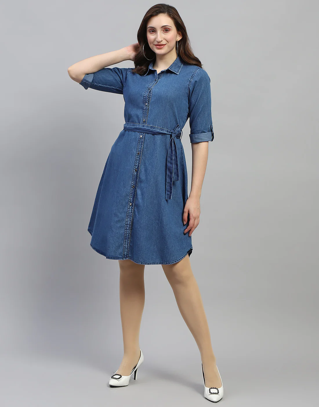 Women Dark Blue Solid Collar Neck 3/4 Sleeve Top - Image 3