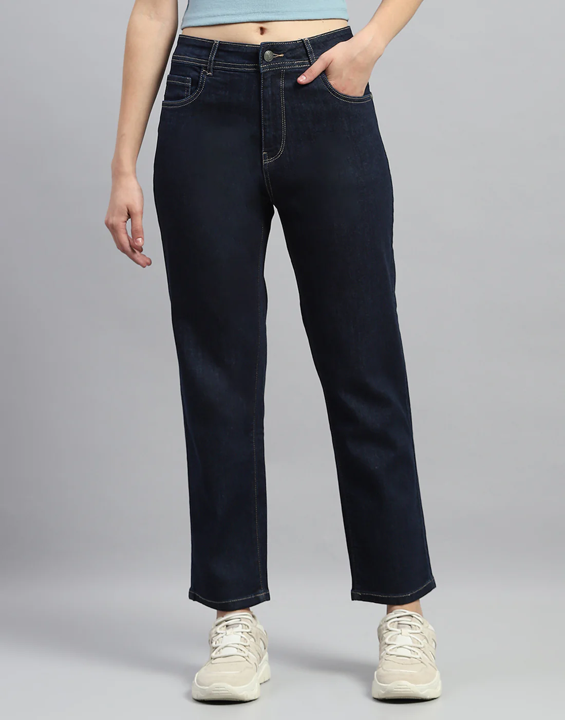Women Dark Blue Solid Straight Fit Denim - Image 2