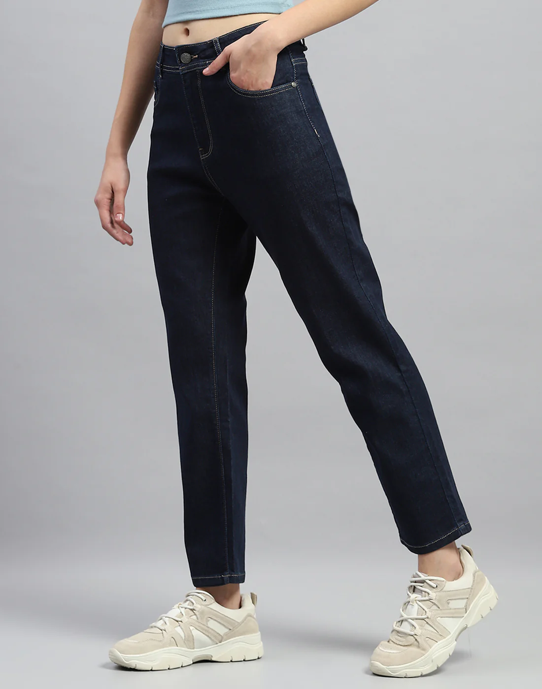 Women Dark Blue Solid Straight Fit Denim - Image 3