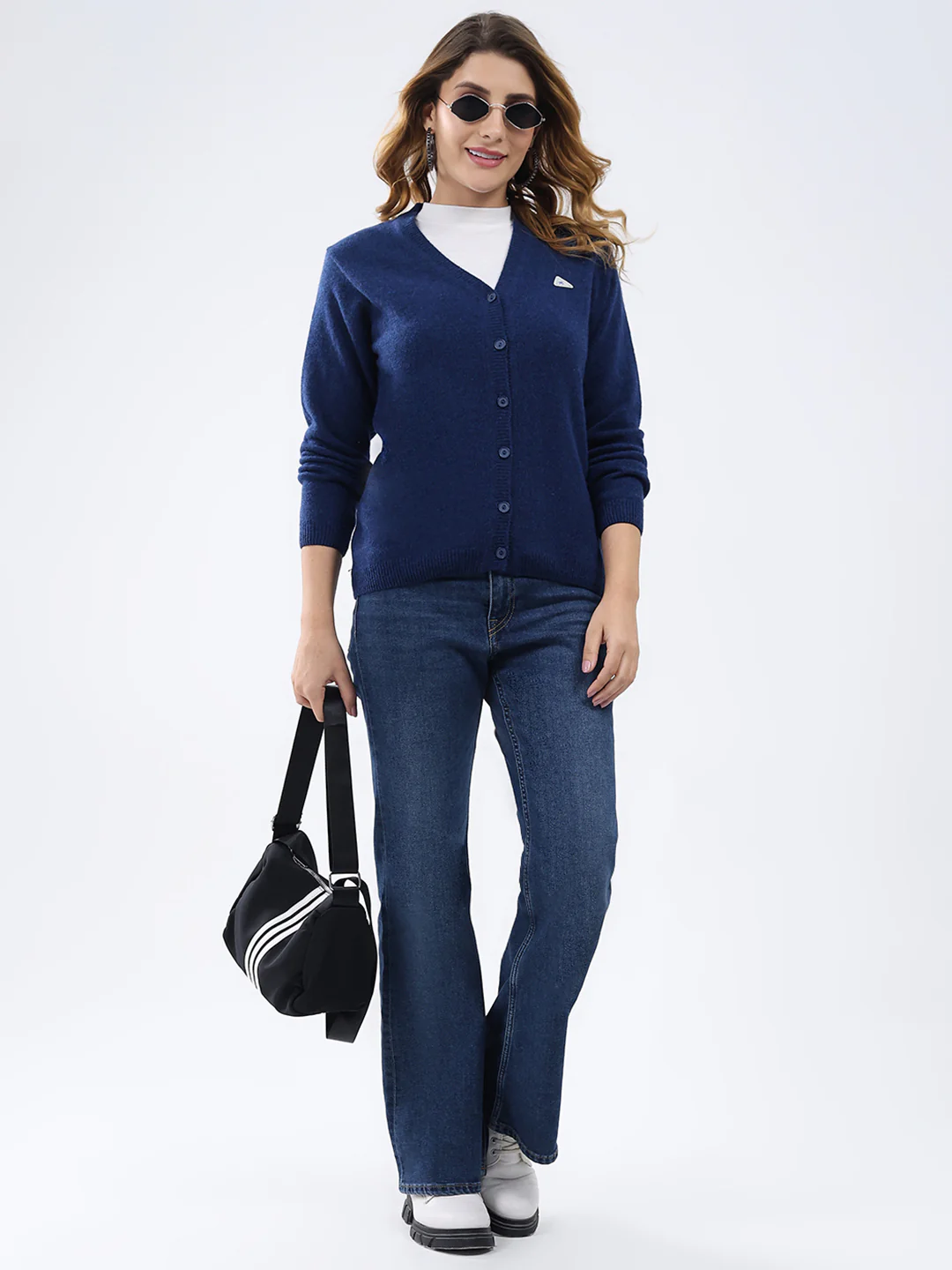 Women Dark Blue Solid V Neck Full Sleeve Cardigan - Image 2