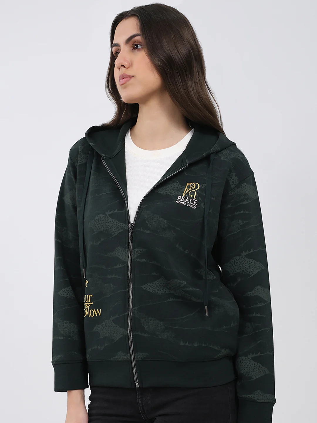 Women Dark Green Printed Hooded Full Sleeve Sweatshirt - Image 3