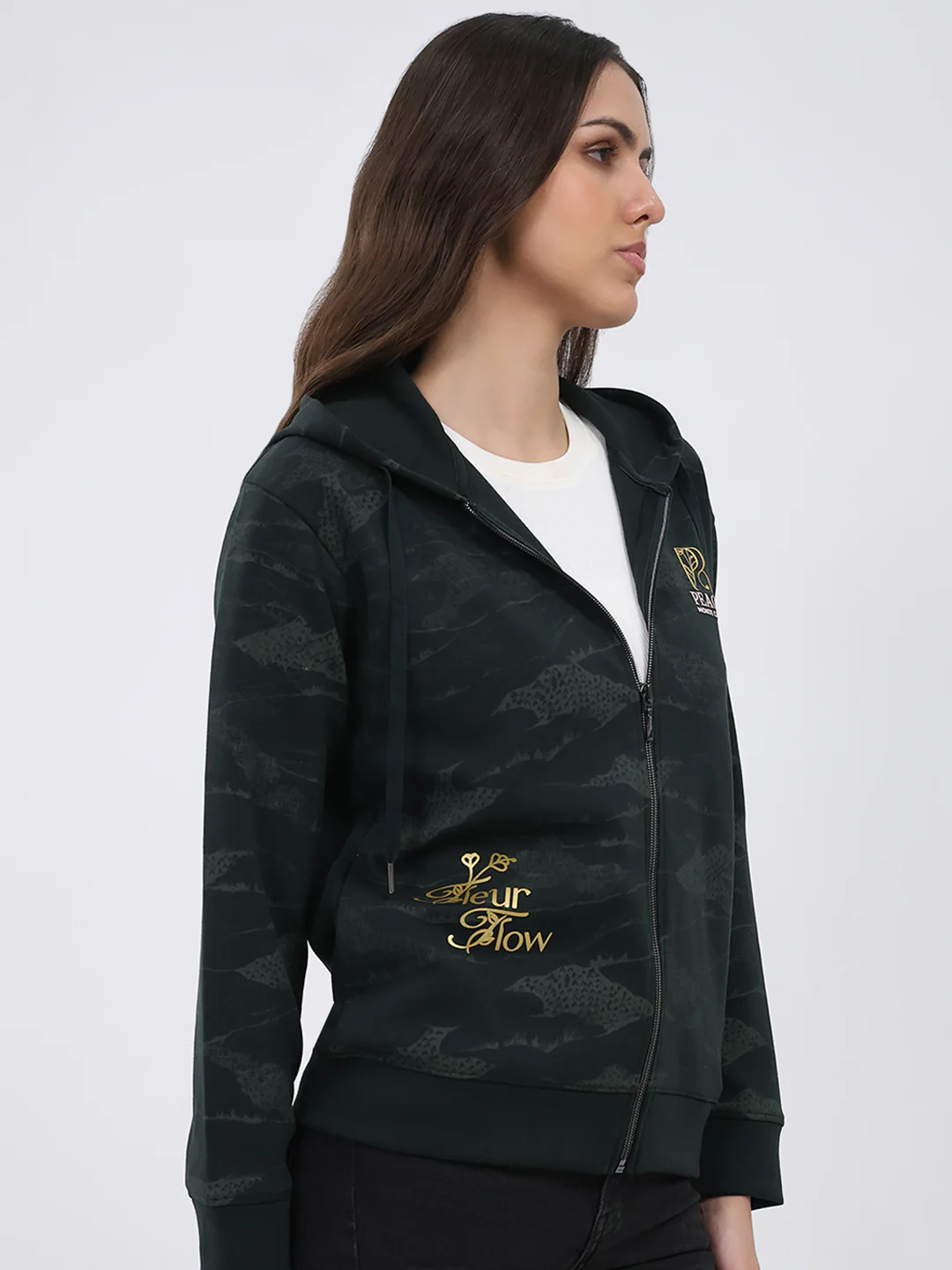 Women Dark Green Printed Hooded Full Sleeve Sweatshirt - Image 4