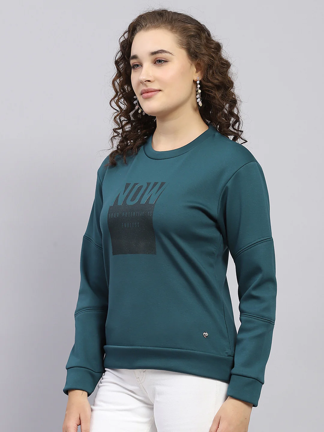 Women Dark Green Printed Round Neck Full Sleeve Sweatshirt - Image 2
