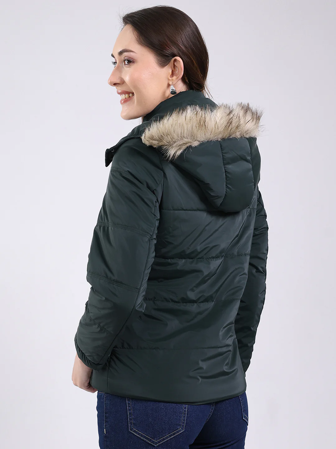 Women Dark Green Solid Hooded Full Sleeve Jacket - Image 5