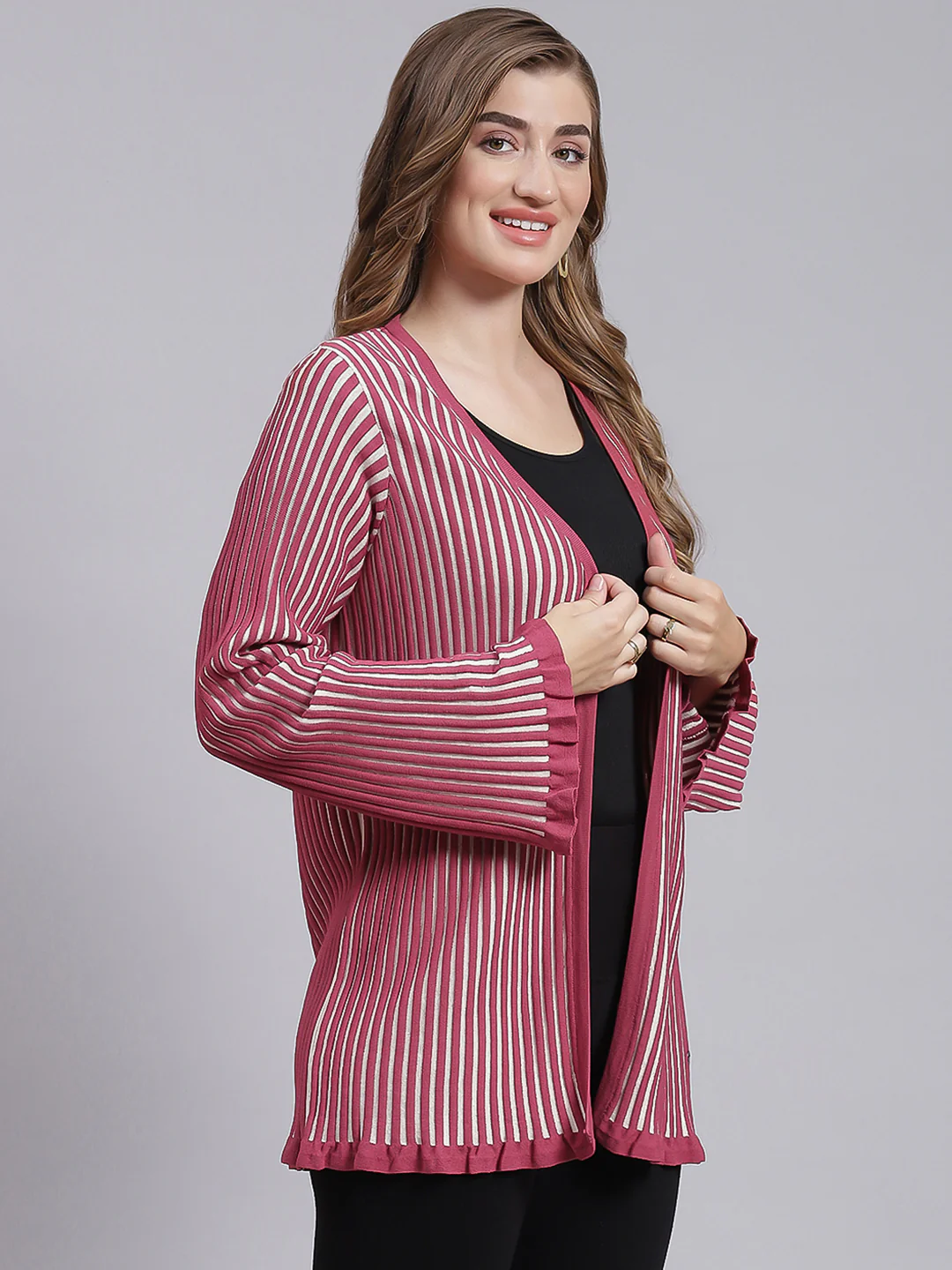 Women Dark Pink Stripe Wool blend Cardigan - Image 3