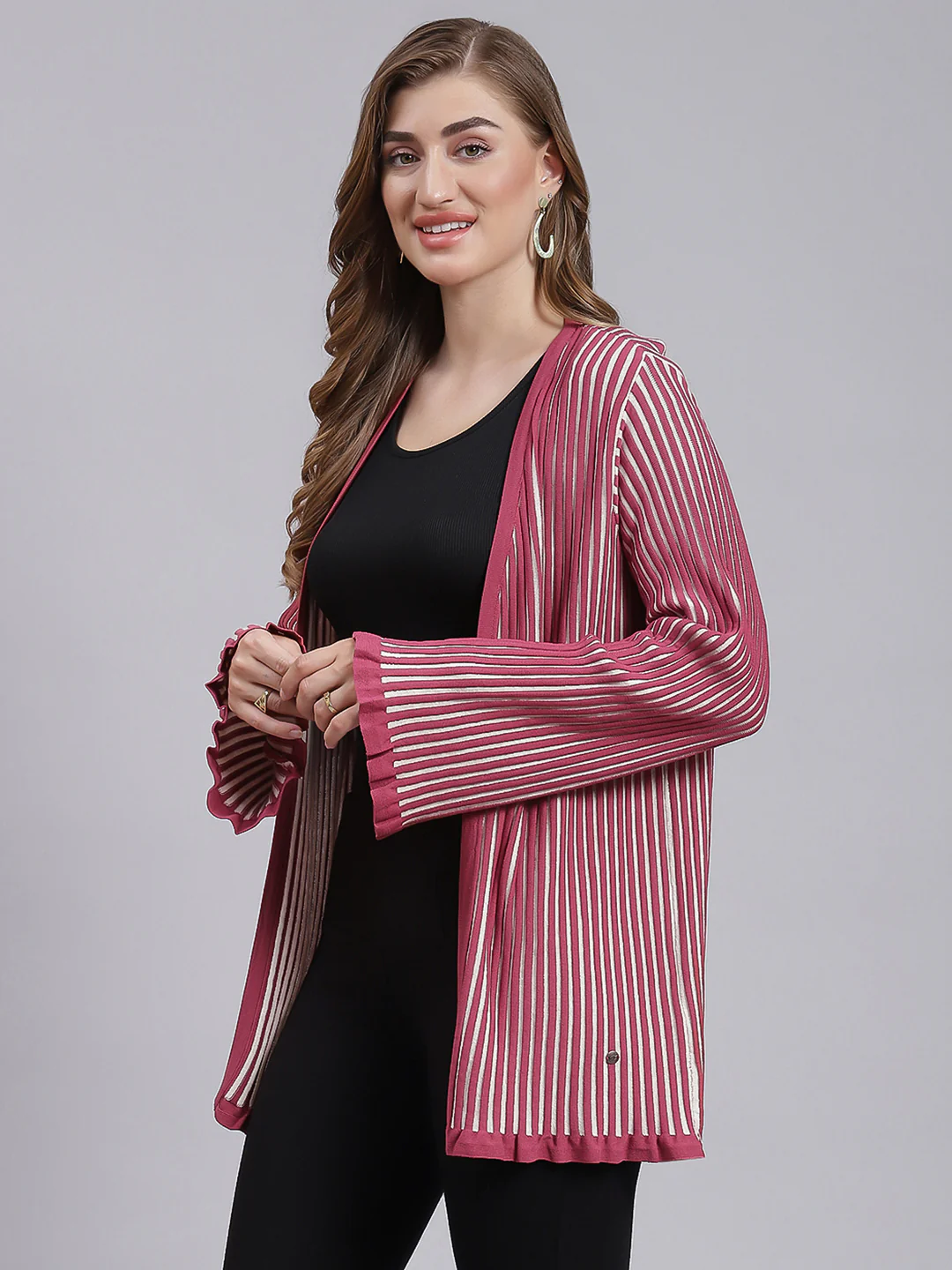 Women Dark Pink Stripe Wool blend Cardigan - Image 4
