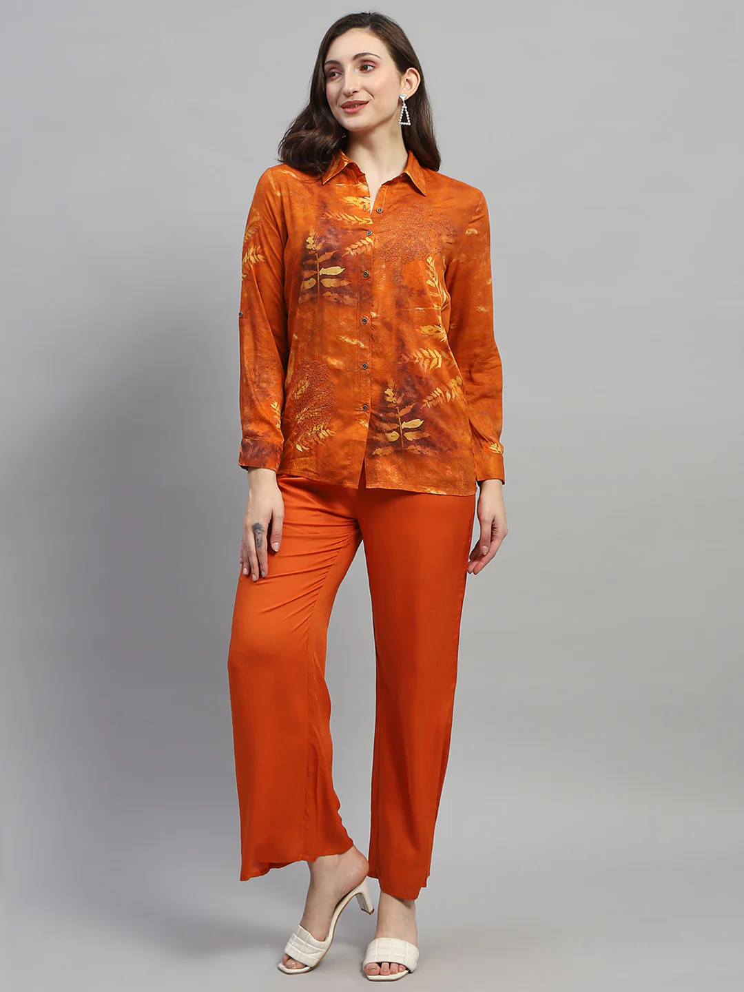 Women Dark Rust Embroidered Collar Full Sleeve Cords Set - Image 3