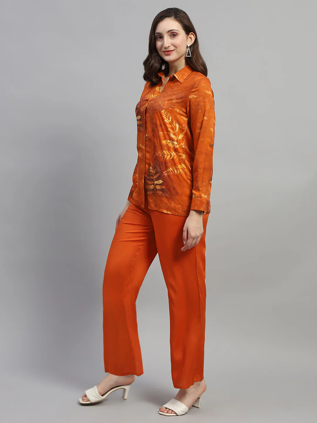 Women Dark Rust Embroidered Collar Full Sleeve Cords Set - Image 4