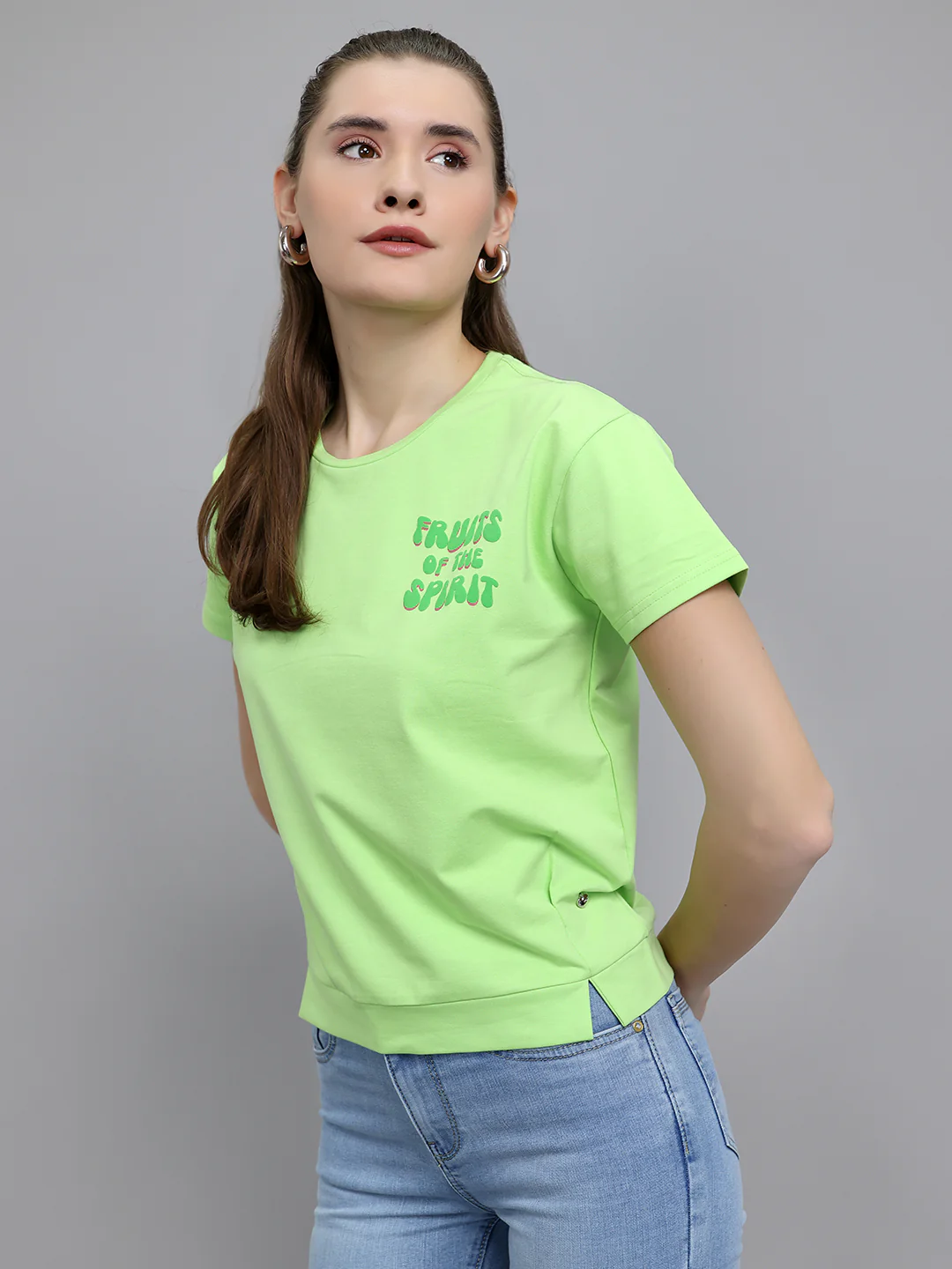 Women Fluorescent Green Printed Round Neck Half Sleeve Top - Image 2